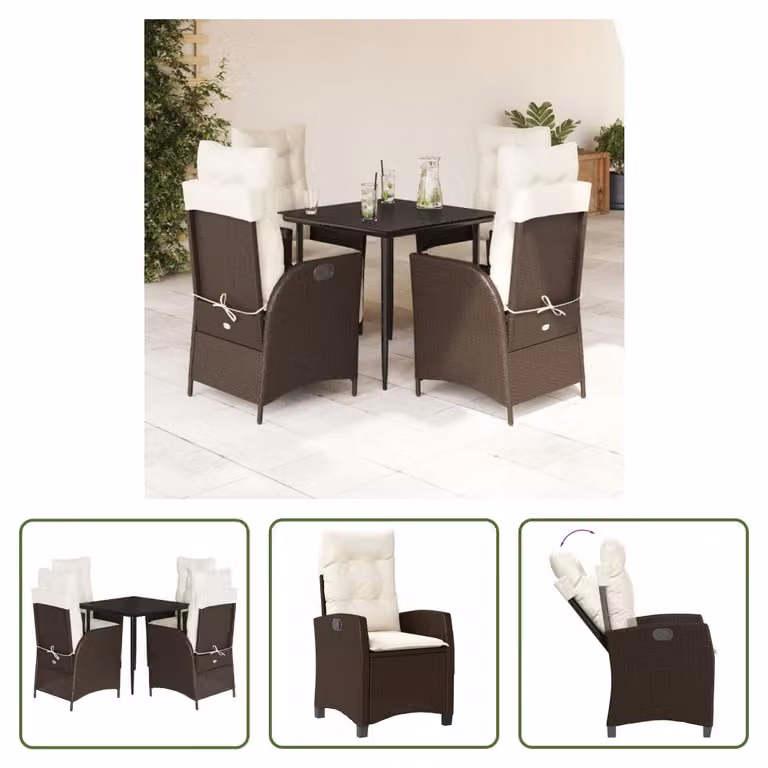 The Living Store Set da pranzo da giardino 5 pezzi con cuscini in polirattan marrone