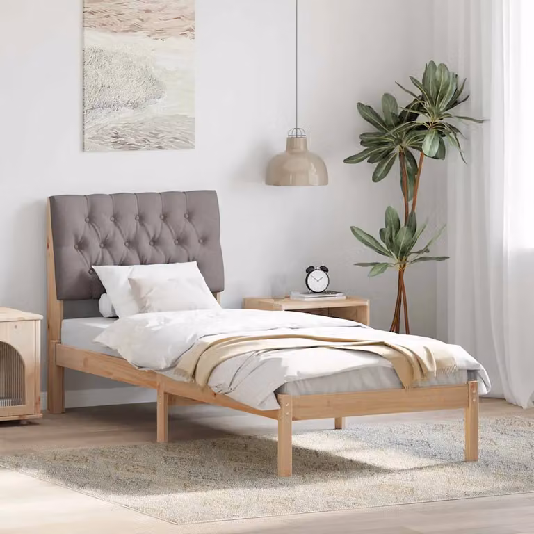 Letto moderno vidaXL con testiera rivestita in tessuto e struttura in legno di pino, Marrone/Grigio, L: 75 cm x P: 190 cm