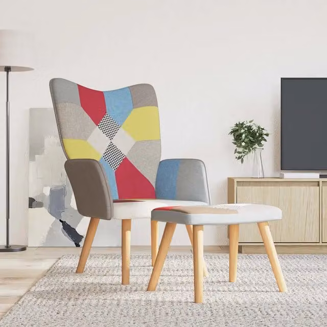 Poltrona Relax con Poggiapiedi in Tessuto Patchwork Multicolore con Design Moderno e Astratto – 1