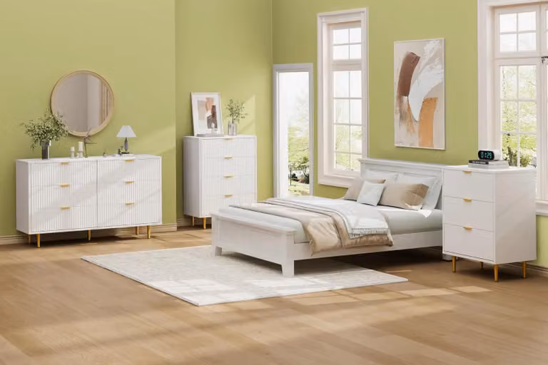 Comodino con 6 cassetti - Soluzione di archiviazione moderna - 100 x 39,5 x 74,8 cm - Frontale in MDF con motivo a onde - Maniglie e gambe dorate - Sistema di sicurezza anticaduta - Bianco