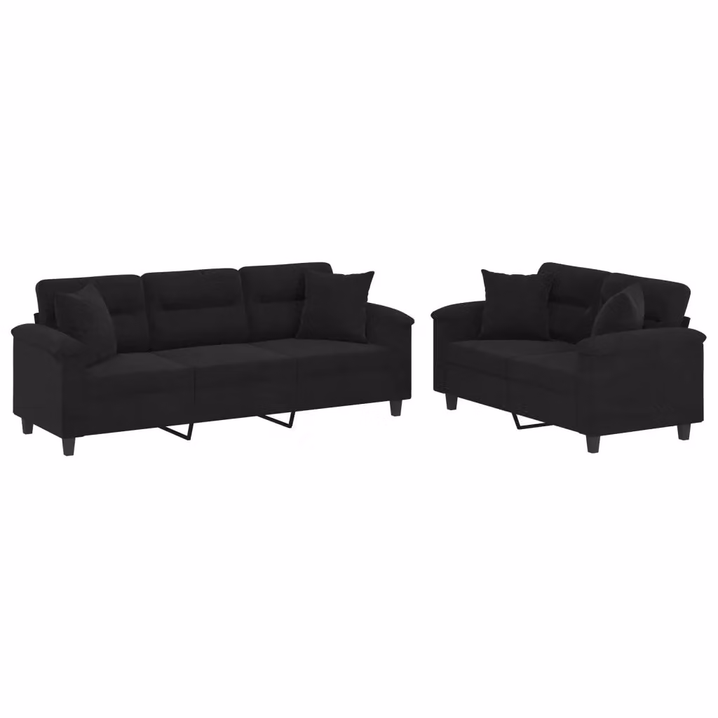 Set di 2 Divani vidaXL Moderni in Microfibra Nera con Cuscini per Soggiorno L: 210 cm, P: 80 cm, H: 77 cm – 2