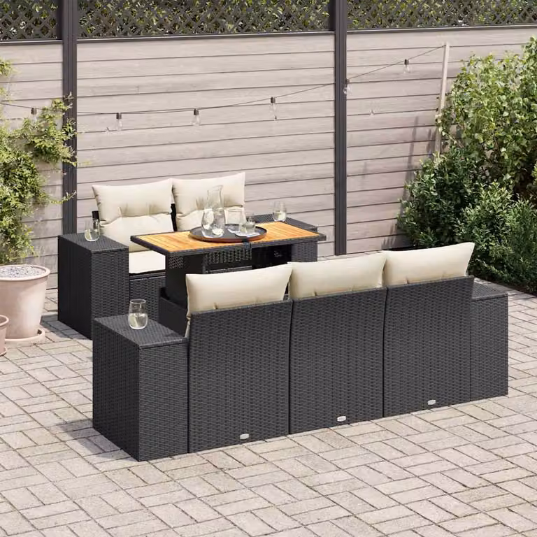 Set Divano da Giardino vidaXL 6 pz in Polyrattan Nero con Cuscini e Tavolino da Esterno a Forma di L