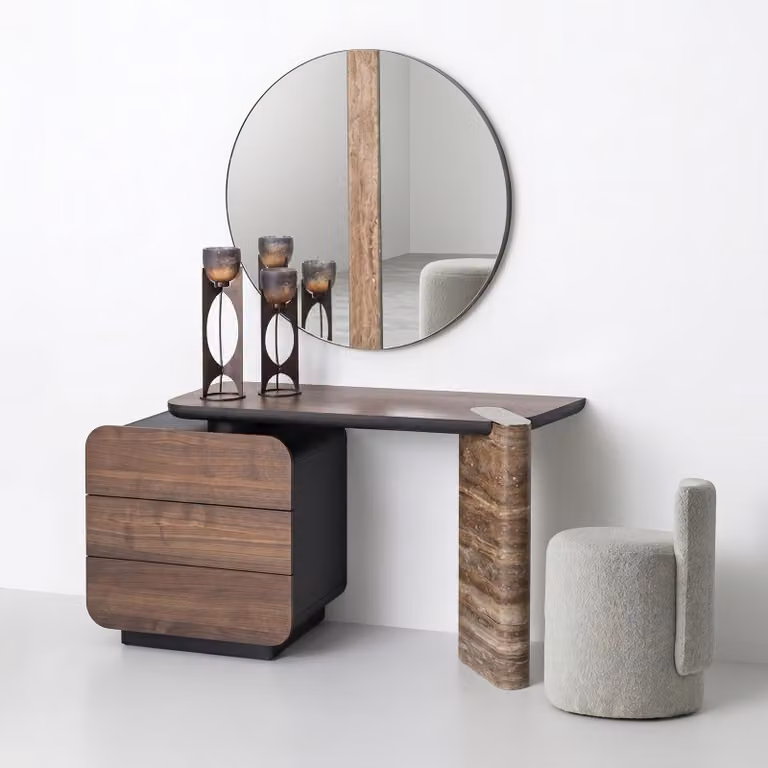 Set per tavolo da trucco moderno, color marrone, elegante, con specchio e sgabello. Tavolino da trucco