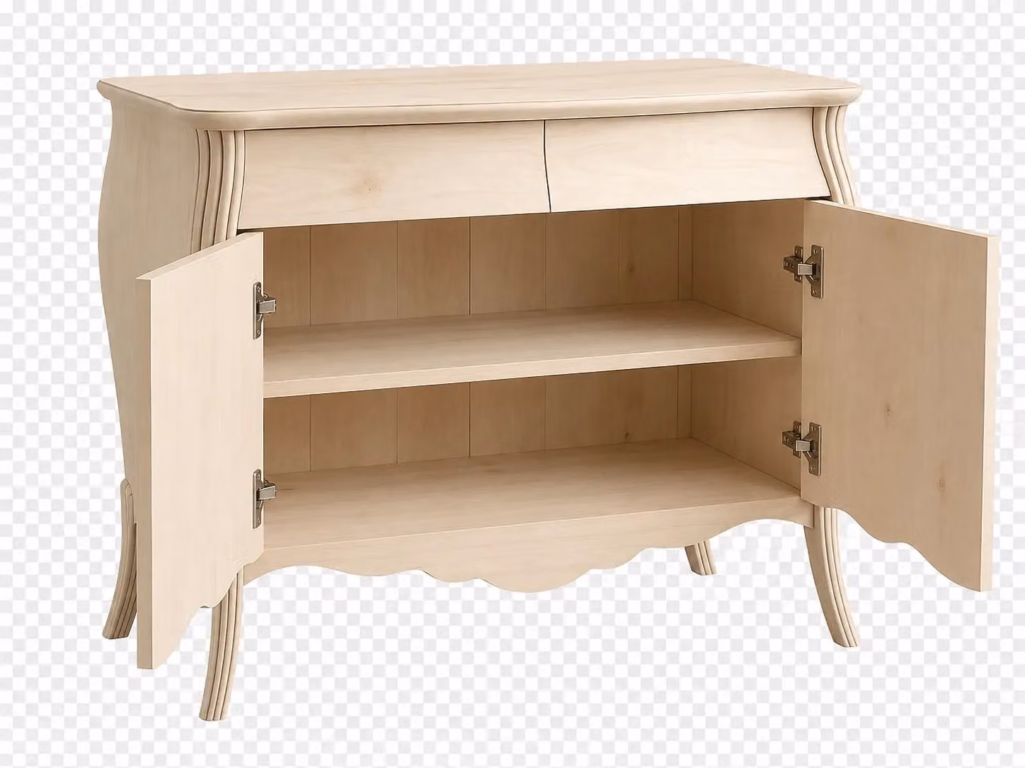 Madia credenza bombata in legno di pino grezzo con 2 ante Mobili 2G L/P/H: 135 x 60 x 98 cm