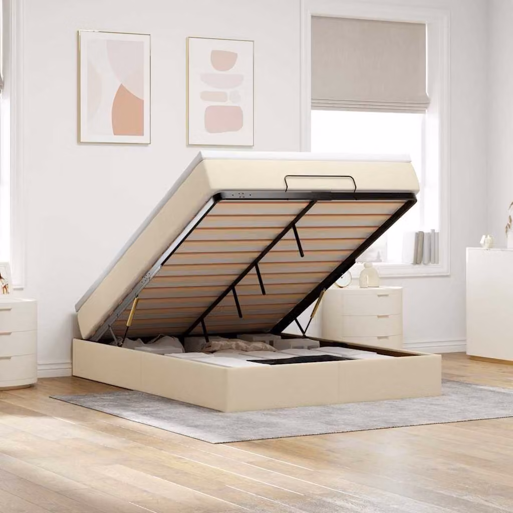 vidaXL Struttura Letto con Materasso e Base Contenitore Lift-Up in Tessuto Beige e Bianco, L/P/H: 200 x 140 x 28 cm