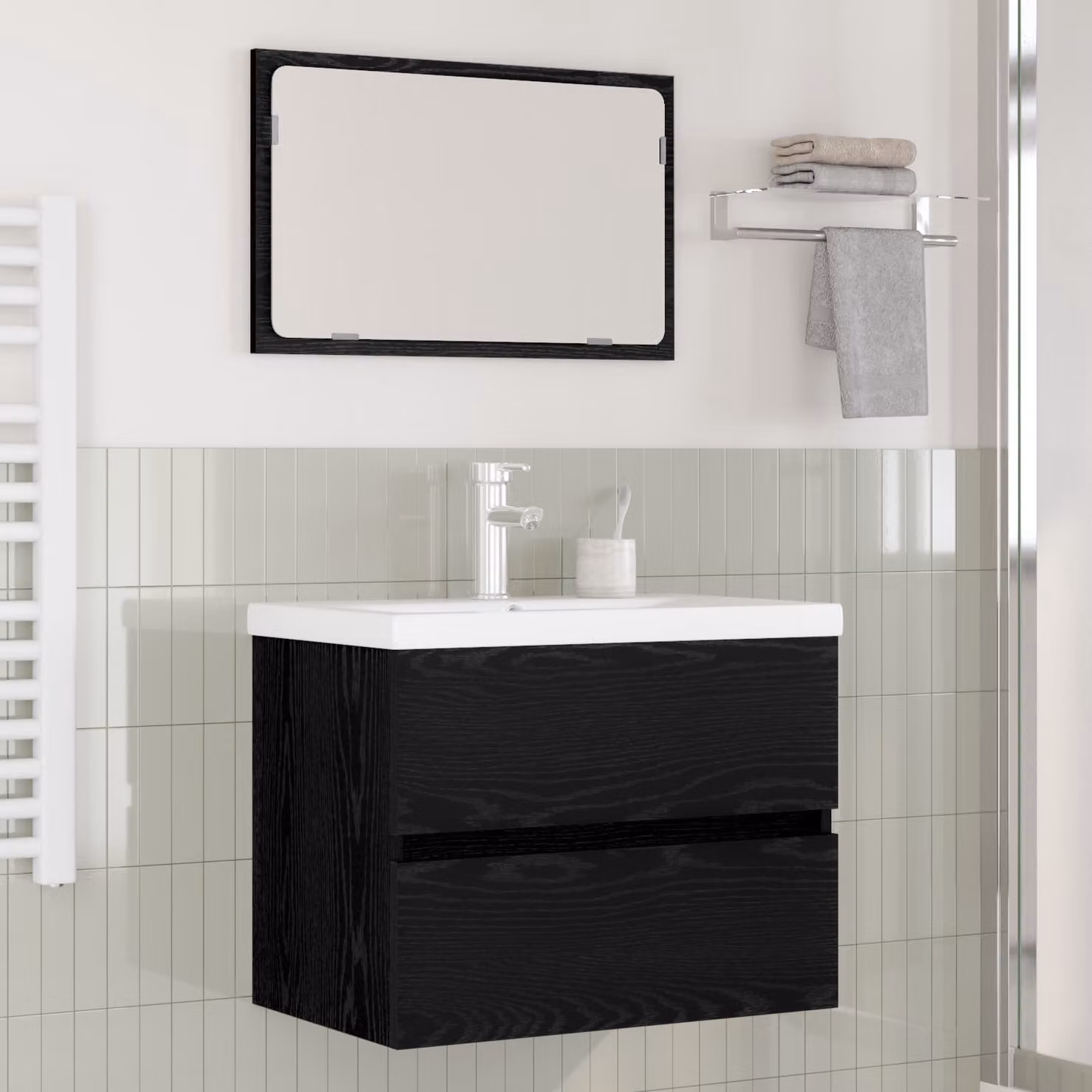 Set di mobili per il bagno moderno vidaXL in 3 pezzi color rovere e nero con mobile lavabo e armadietto specchio