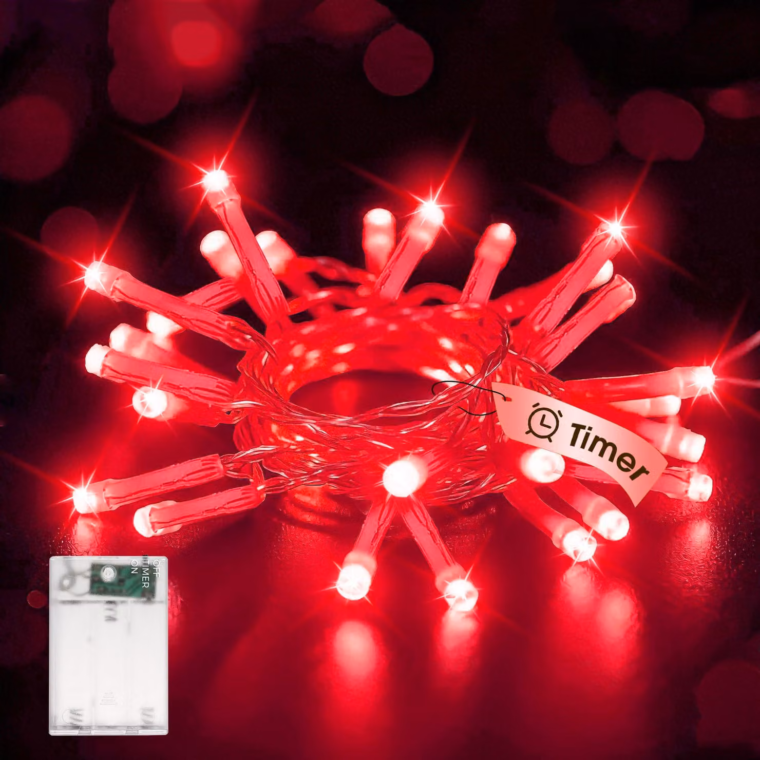 Catena luminosa a LED, lunghezza 3 metri, 30 LED rossi, con timer, alimentazione a batteria, grado di protezione IP44