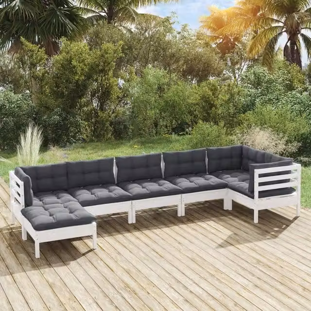 Set Divani da Giardino 7 pz con Cuscini Bianchi Legno di Pino 3096551