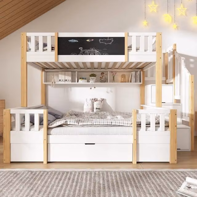Letto a castello Mivray per bambini in bianco con scala contenitore e cassetti, L/P/H: 253 x 145 x 150 cm