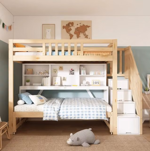 Letto a castello 90x200 + 90x190 con scrivania mobile; libreria e scala contenitore; bianco e rovere