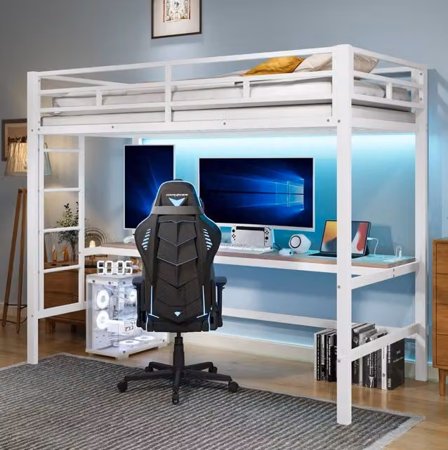 Letto a soppalco ULEVR 90x200 cm con scrivania, barra luminosa a 7 colori, USB, Type-C e presa, bianco