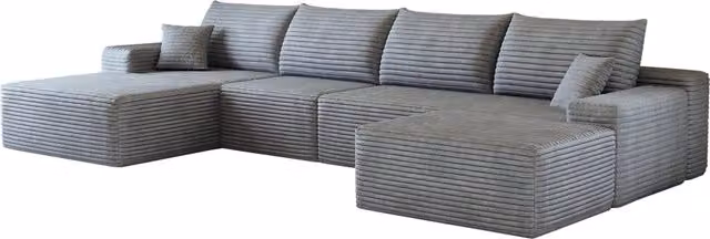 Divano angolare modulare con chaise longue e seduta profonda, imbottito in schiuma elastica, in tessuto a coste grigio
