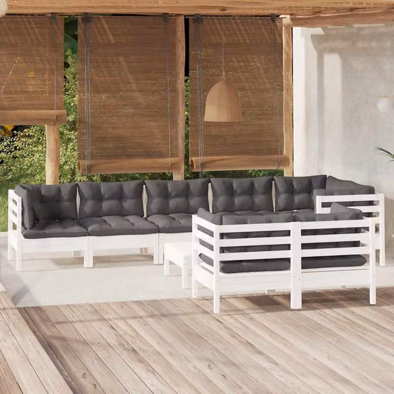 Set Divani da Giardino vidaXL 9 pz a Forma a L con Cuscini in Tessuto, Struttura in Legno di Pino Trattato, Colore Bianco, Antracite e Grigio