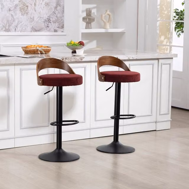 Set da 2 pezzi di sgabelli da bar REDOM girevoli a 360° regolabili in altezza, rivestimento in lino colore rosso