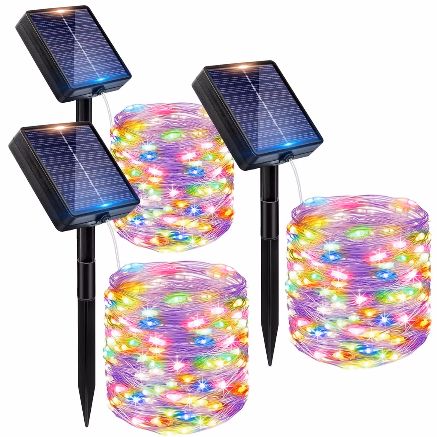 Set di 3 catene luminose solari, lunghezza totale 12+2 metri, resistenti alle intemperie, colorate, con filo di rame