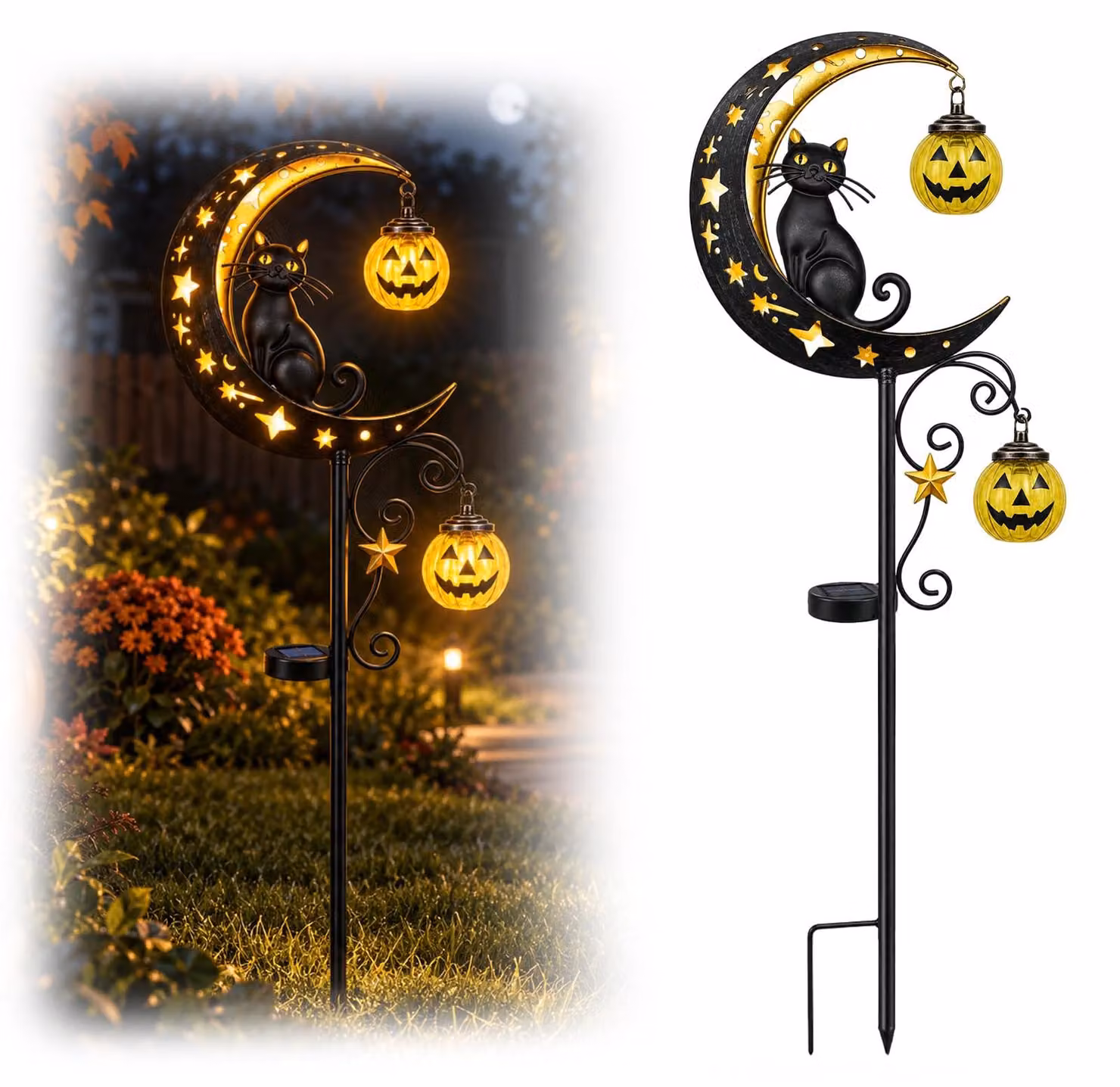 Lampada da giardino solare a tema Halloween, con decorazione di un gatto nero e una zucca, illuminazione a LED, altezza 90 cm