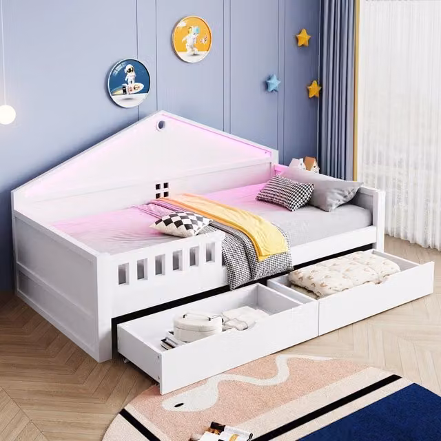 Letto Singolo Bambini con LED e Cassetti ¨C Xylo ¨C Bianco 90x200