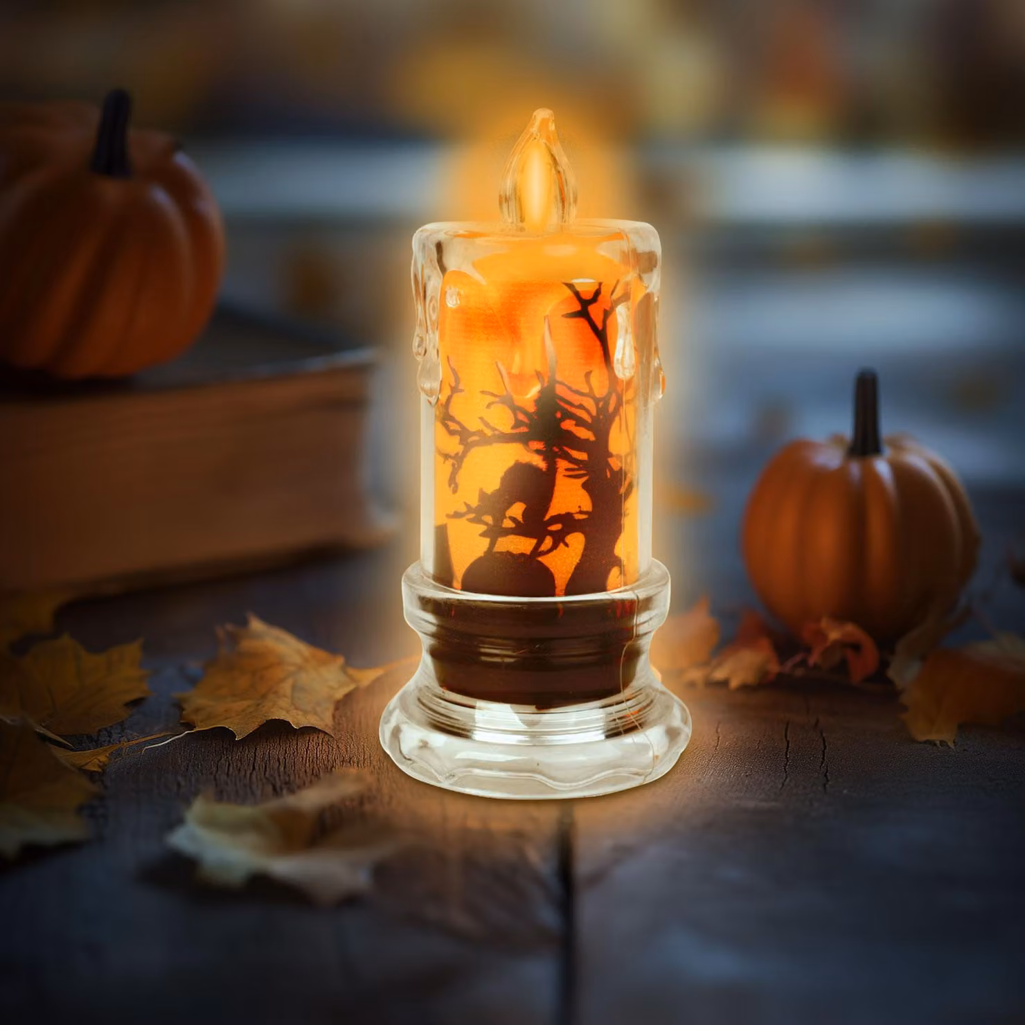 Candela LED a tema Halloween - pipistrello - luce LED arancione - alimentazione: 3 batterie LR1130 - dimensioni: 5 x 5 x 10 cm
