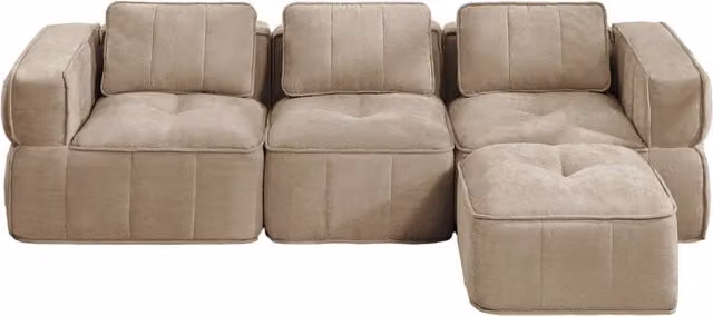 Divano modulare angolare senza struttura a 3 posti con pouf in poliestere sabbia per soggiorno 271 × 162 × 67 cm
