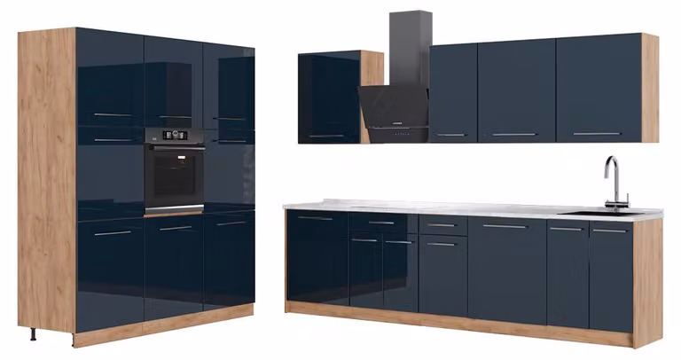 Cucina componibile Vicco Fame-Line Blu scuro lucido/Rovere dorato 460 cm, PL Marmo, Model 65725