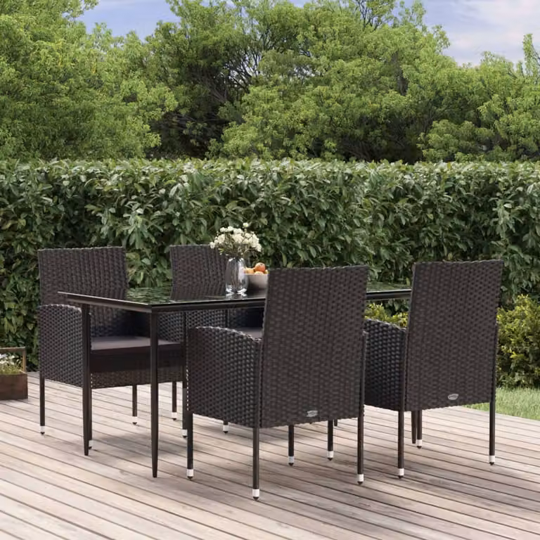 Set da pranzo da giardino vidaXL in rattan e vetro nero e grigio con 5 pezzi