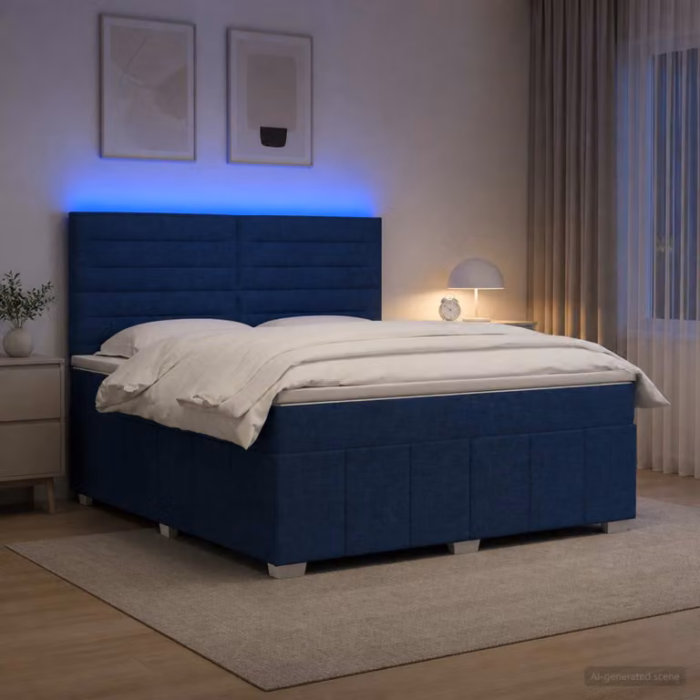 Letto Box Spring vidaXL con Materasso Blu e Illuminazione LED, Porte USB e Base a Sollevamento, L/P: 140 x 200 cm