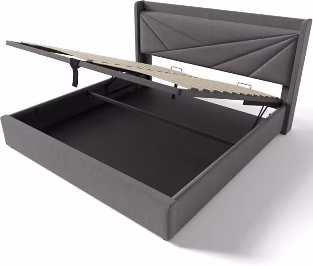 Letto matrimoniale imbottito 180x200 con contenitore, schienale con funzione di ricarica USB Tipo C, struttura in lino senza materasso