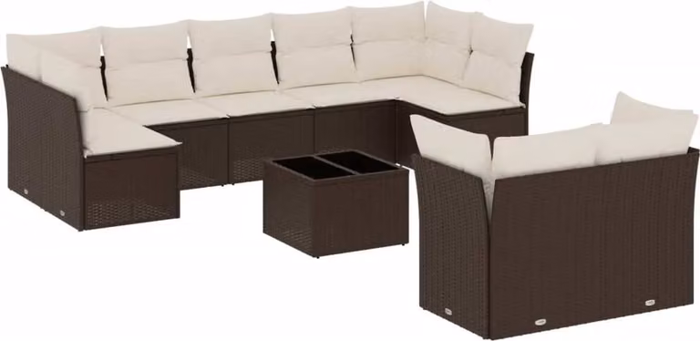 Set Divani da Giardino 10pz con Cuscini in Polyrattan Marrone