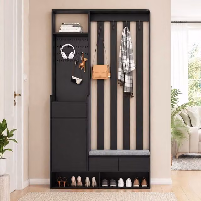 Appendiabiti da ingresso con panca imbottita, armadietto porta scarpe multifunzione con bacheca e 4 ganci, nero, H180xL100xP35 cm