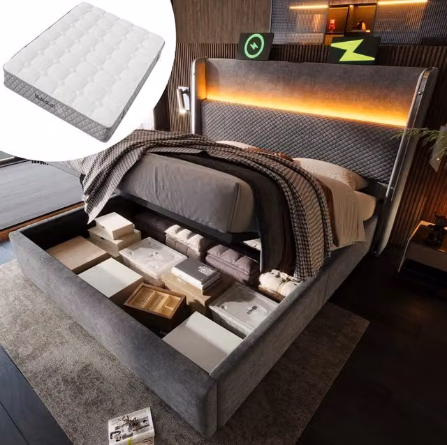 Letto matrimoniale 180x200 cm con materasso; testiera alta; LED; contenitore; USB e Type-C; grigio