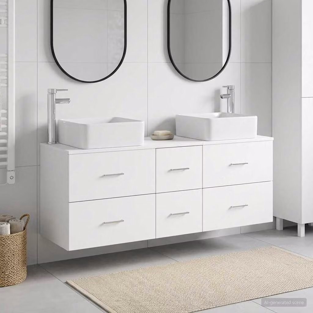 Set di 3 mobili da bagno moderni vidaXL in legno bianco opaco, comprensivo di mobile sottolavabo e pensili a parete, L/P/H: 49,5 x 41 x 63 cm
