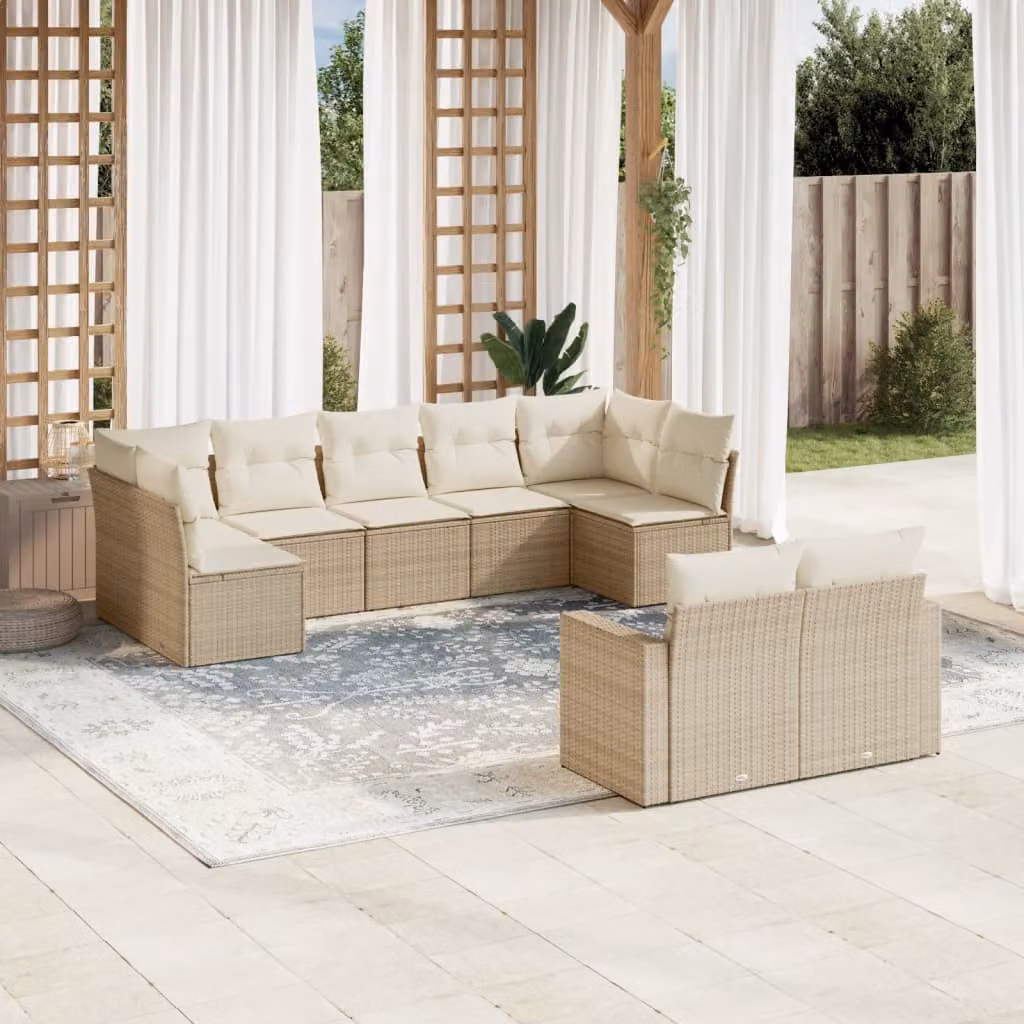 vidaXL Set Divano da Giardino a L 9 pz con Cuscini Beige e Ottoman in Polyrattan e Acciaio – 1