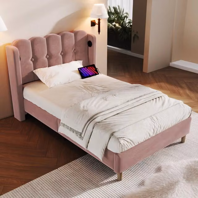 Letto Singolo Imbottito con Rete a Doghe e USB ¨C MINIMAL ¨C Rosa, Velluto, 90x200