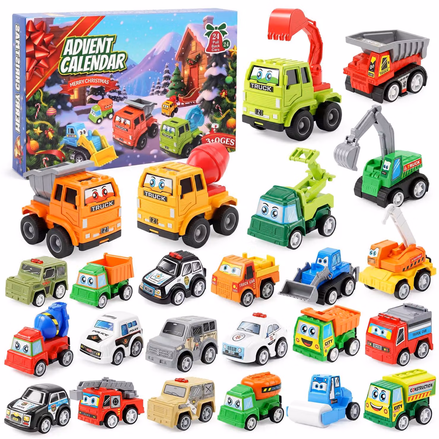 Calendario dell'Avvento con 24 macchinine giocattolo a tema cartone animato, colorate, adatto a bambini dai 3 anni in su