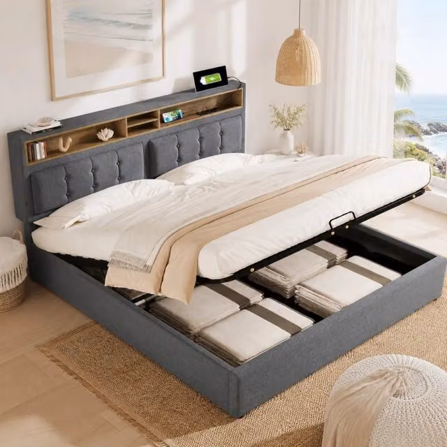 Letto imbottito 160x200 cm con testiera regolabile, presa USB e spazi di stoccaggio, struttura in lino, senza materasso