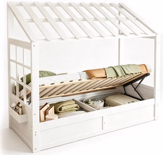 Letto per bambini 90x200 cm con contenitore idraulico e vani laterali; bianco