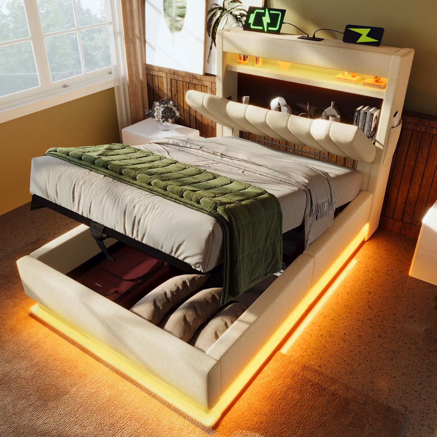 Letto imbottito 90x200 senza materasso con illuminazione a LED, connessione USB/Type-C, testata con contenitore e rete idraulica - beige effetto lino