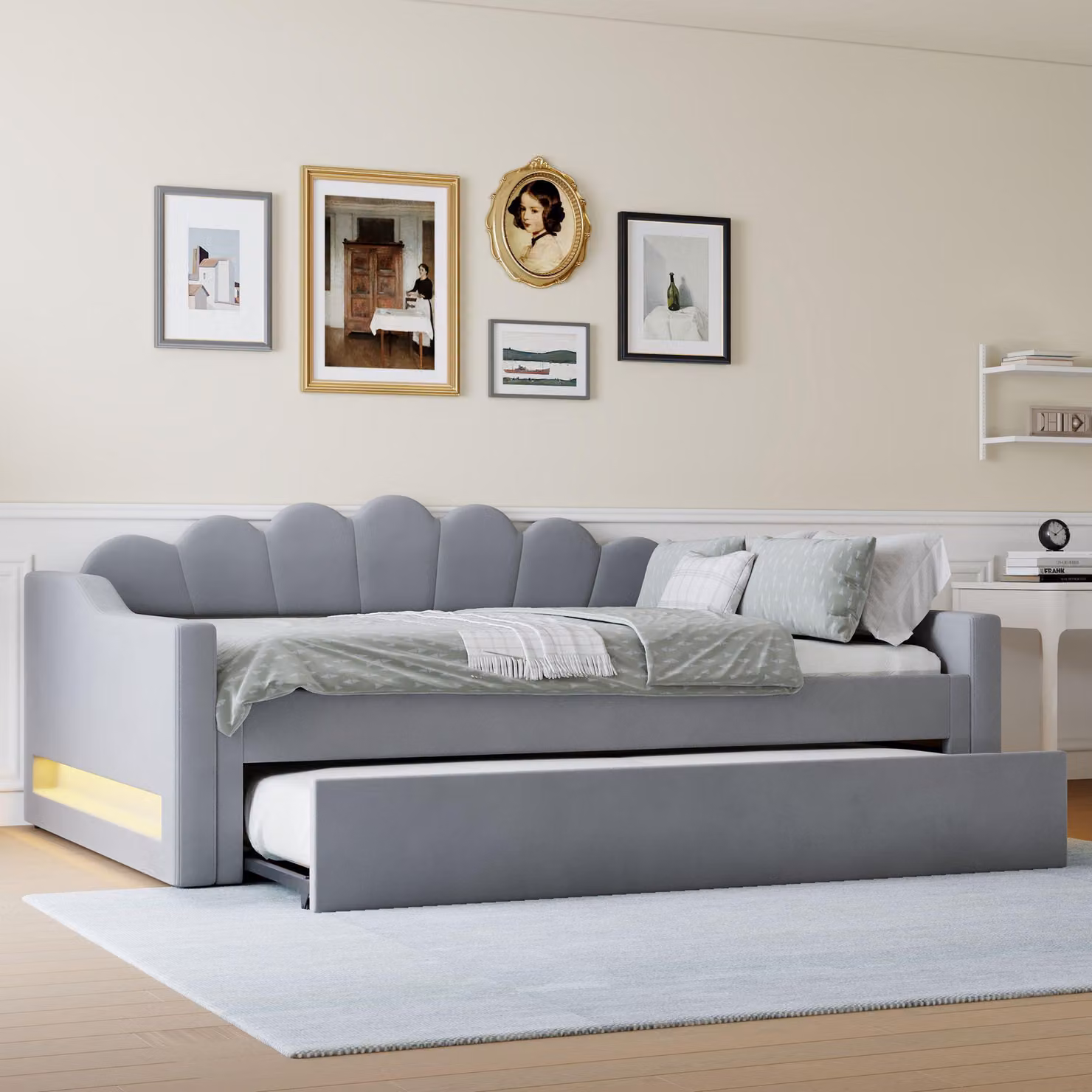 Merax divano letto 140x200 con letto estraibile 190x90cm, LED, schienale a conchiglia, letto per bambini, letto imbottito, letto da giorno in velluto, grigio