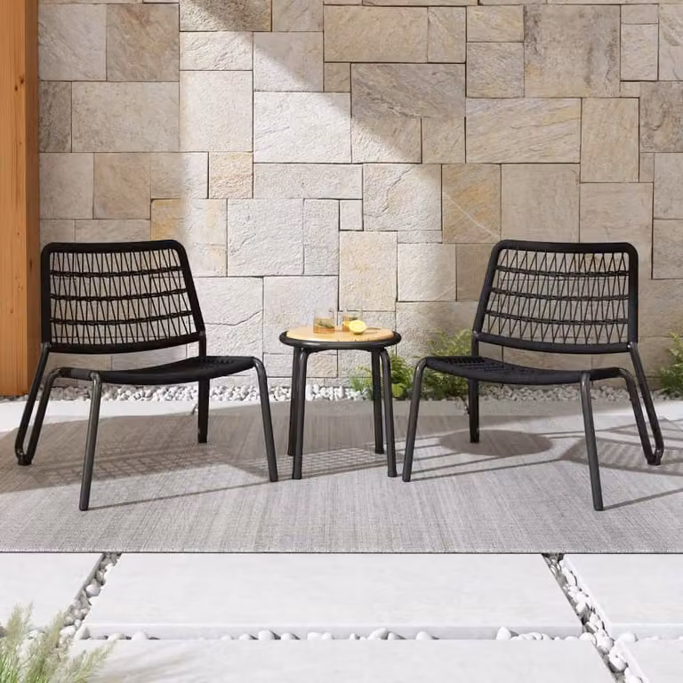 AIORBER Set bistrot 3 pezzi, set di mobili da balcone, in acciaio zincato, corda intrecciata a mano, piano del tavolo in legno d'acacia, per terrazza, 81x73,5x71,5cm, nero