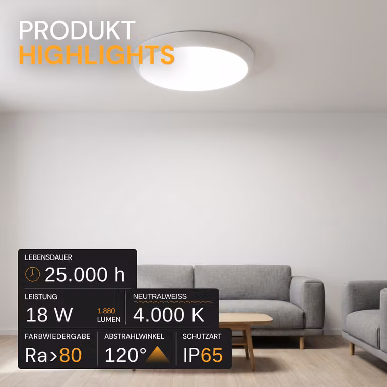 ENOVALITE Plafoniera LED, sensore, EEK: F, 18W, 1880lm, 4000K, Ø250mm