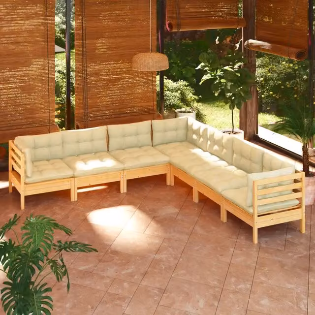 Set Divani da Giardino 7 pz con Cuscini Crema Massello di Pino 3096791