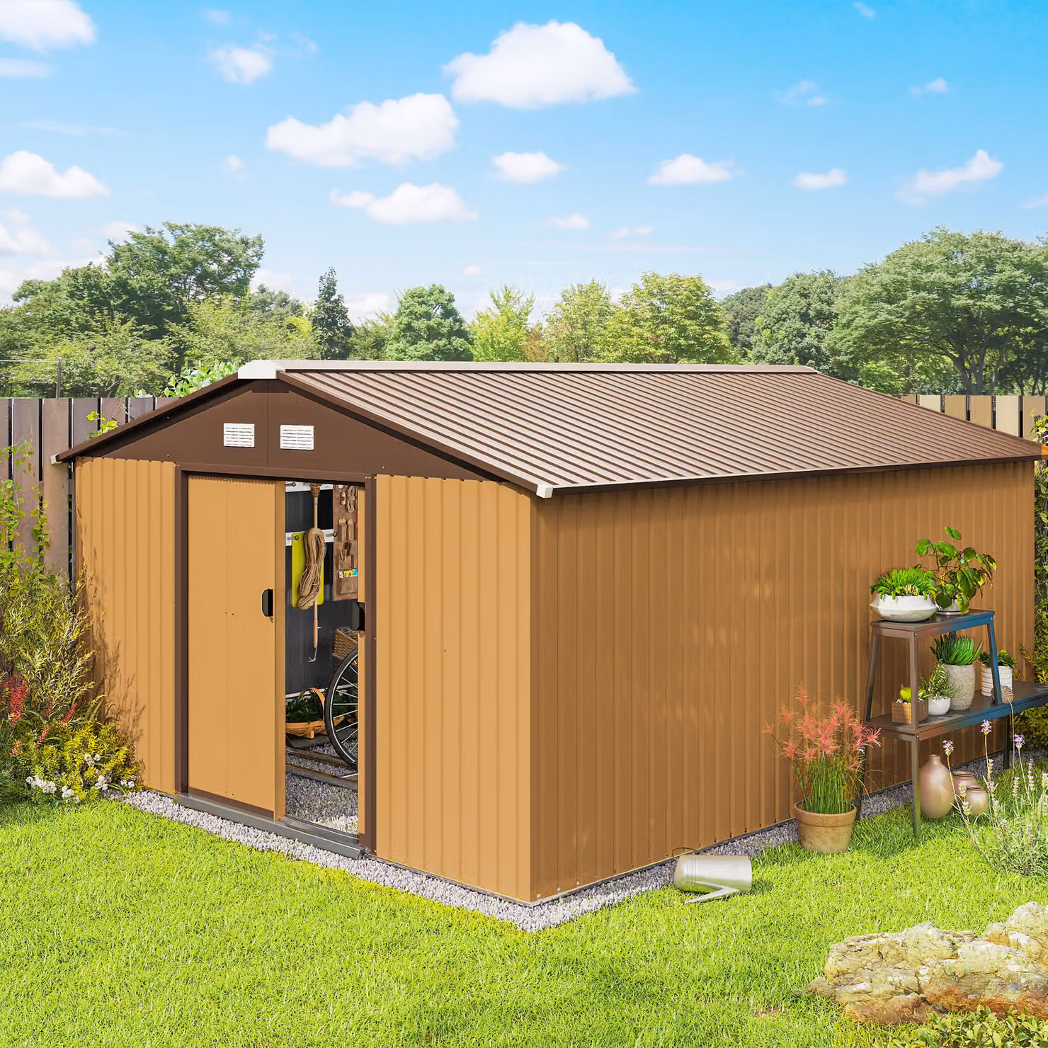 Casetta da Giardino Outsunny con 2 Porte Scorrevoli, 4 Prese d'Aria e Tetto Inclinato in Acciaio e PP, Giallo, L: 340 cm, P: 386 cm, H: 200 cm – 2