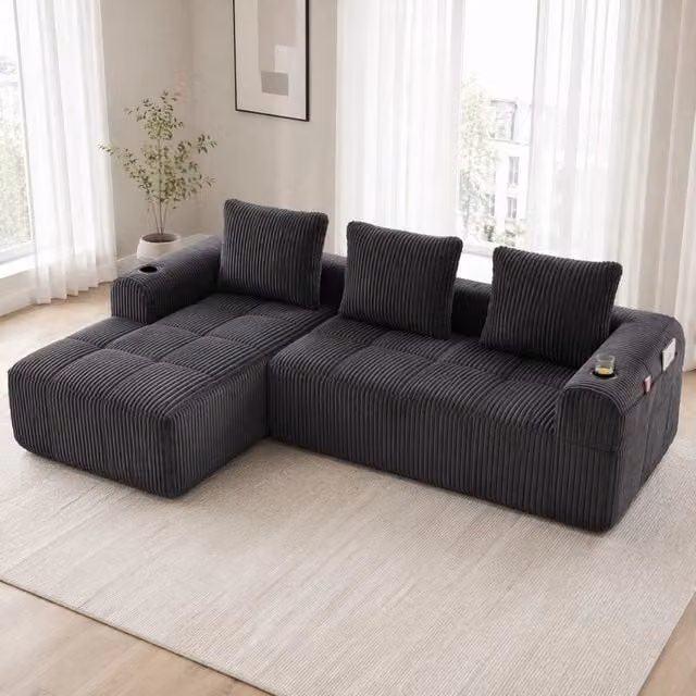 Divano compatto modulare in corduroy con tasche laterali e portabicchieri; 253x158x61 cm; grigio scuro