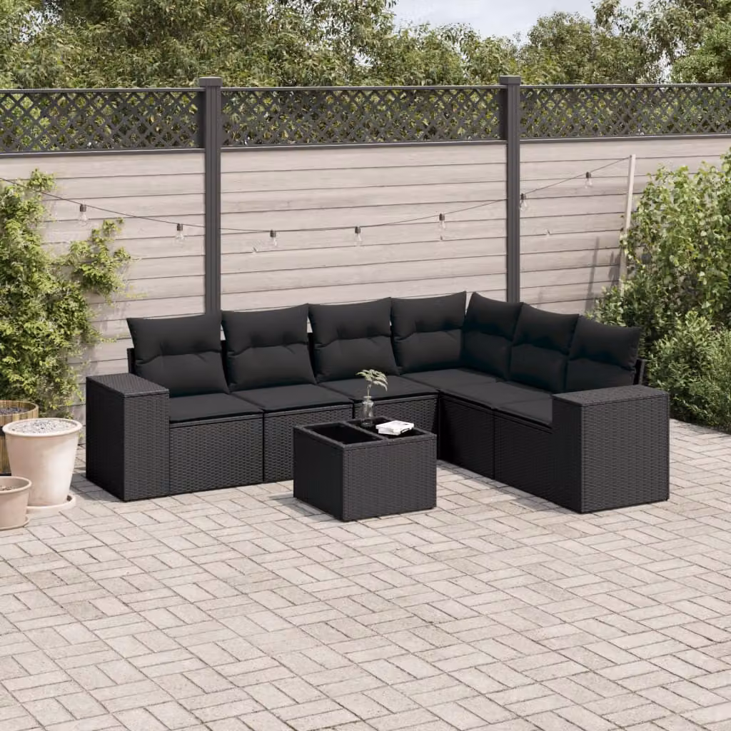 Set Divani da Giardino a L vidaXL in Polyrattan Nero con 7 Cuscini e Tavolino da Esterno – 1