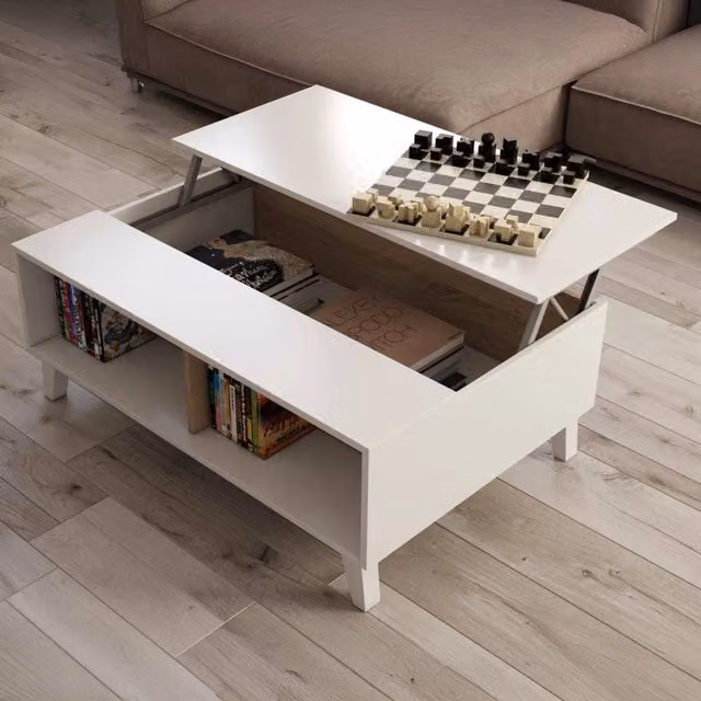 Tavolino da salotto Parche DMORA rettangolare in bianco lucido e rovere, L: 100 cm, P: 68 cm, H: 38 cm