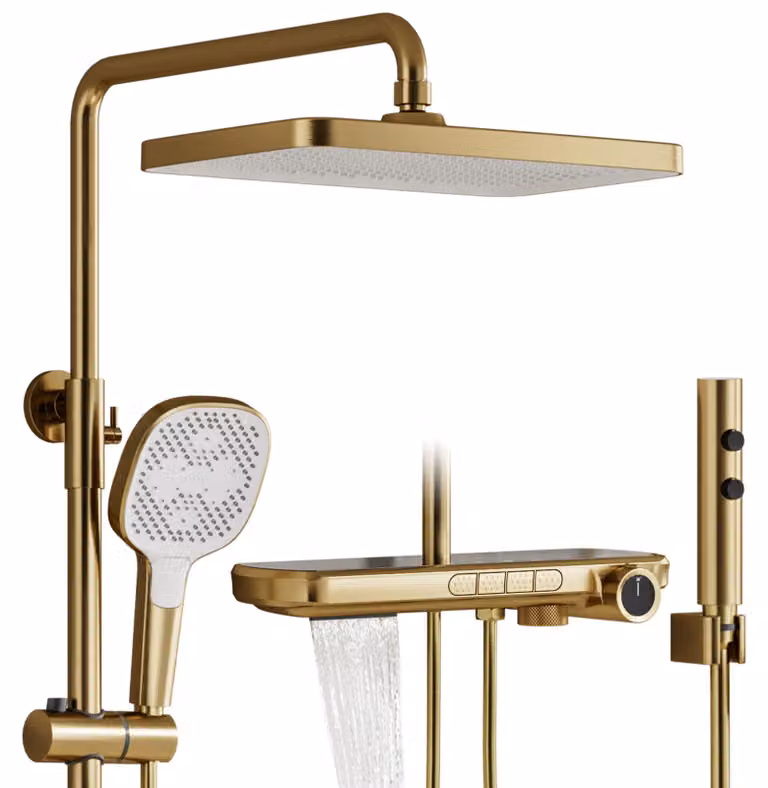 Pannello doccia con termostato, 4 funzioni, soffione a pioggia 350x220 mm, doccetta manuale, finitura oro
