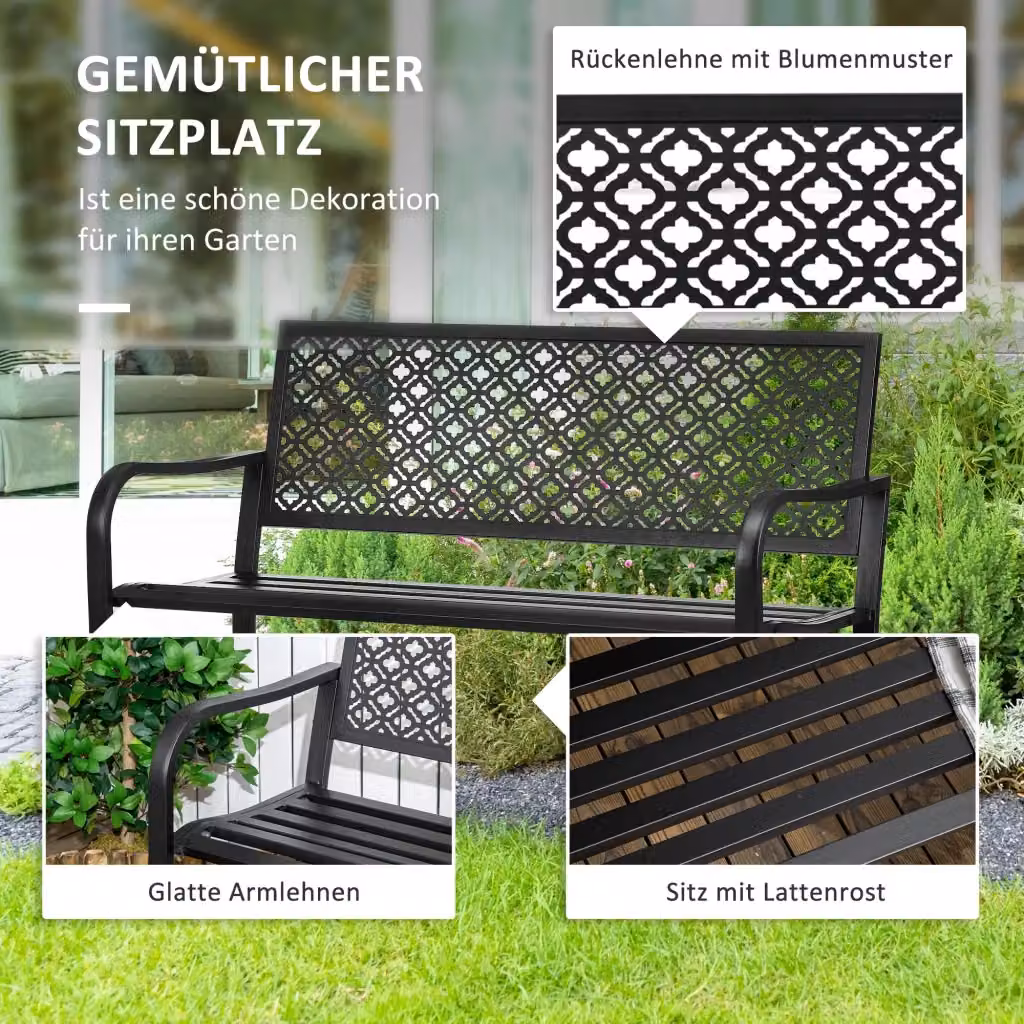 Banca da giardino REDOM a 2 posti con schienale e braccioli in acciaio nero L: 127 cm, P: 63 cm, H: 83 cm – 2