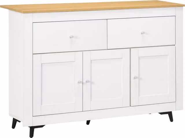Credenza Buffet HOMCOM in Legno con 2 Cassetti e 2 Armadietti, Bianco e Marrone, L 117 x P 35 x H 80 cm