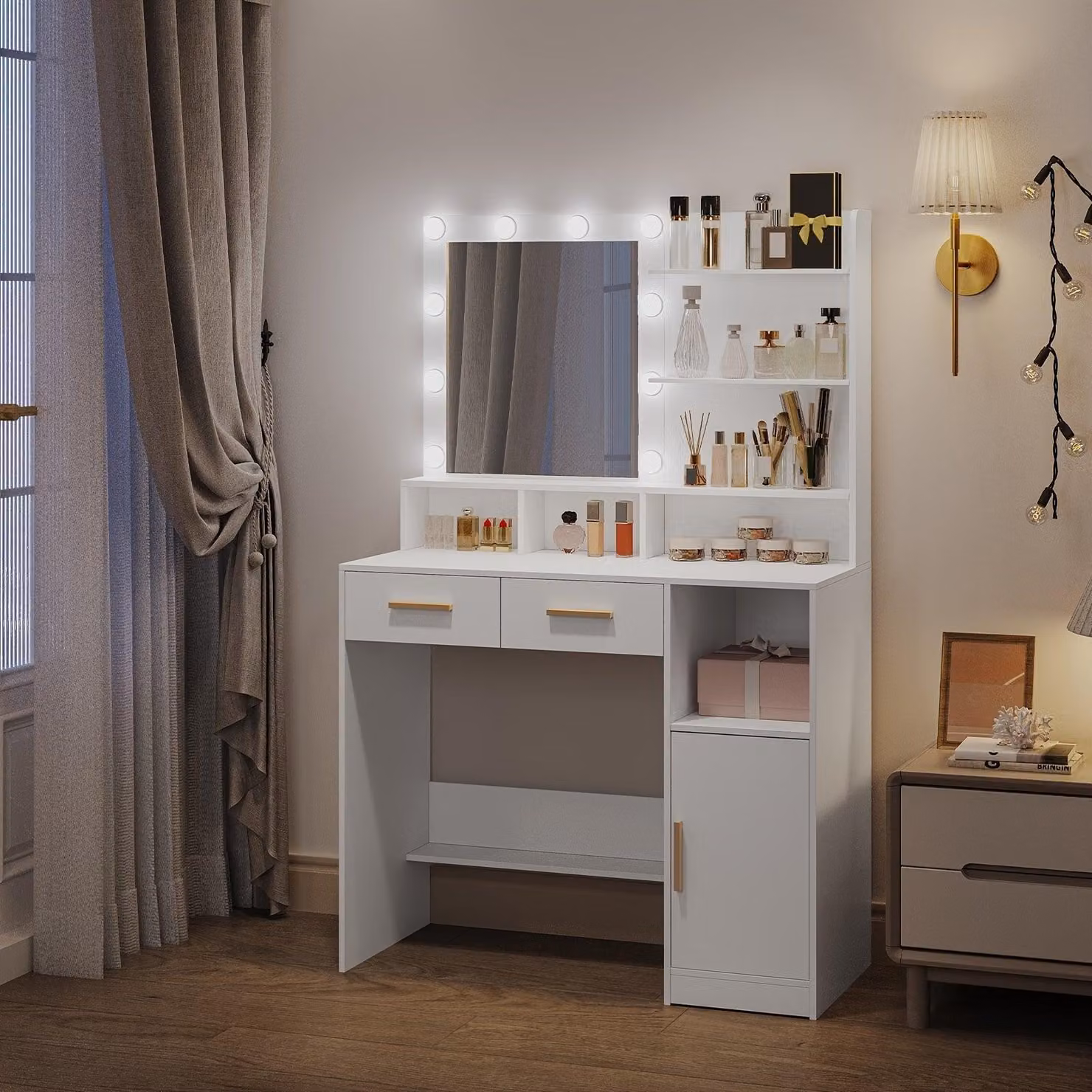 Comò da trucco - Tavolino da trucco - Specchiera - Comò - Tavolino per cosmetici - Con specchio e 10 lampade a LED