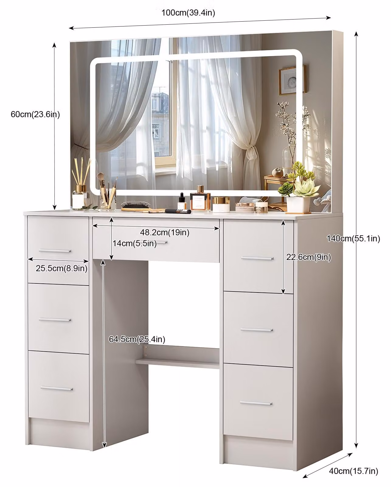 Comò da trucco con specchio a LED - Bianco - Con cassetti - In legno - Design moderno e minimalista